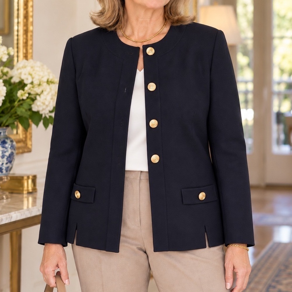 Herbert Grossman Cynthia Sobel Navy Wool Blazer Gold Spiral Buttons Size 16 USA